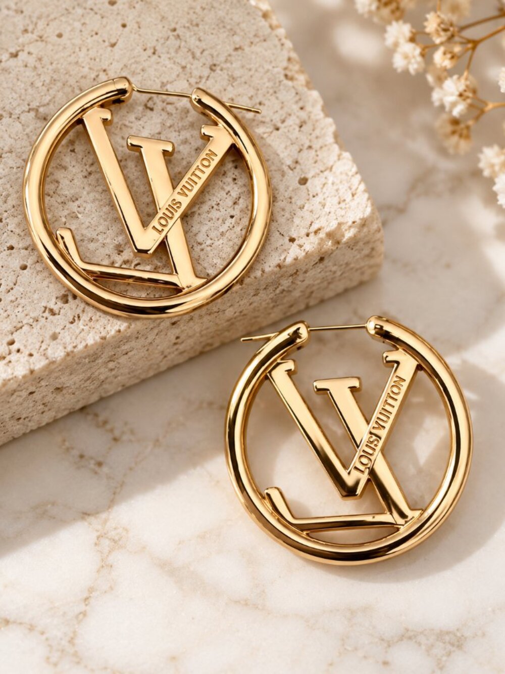 Gold Tone 1.5” Statement Hoop Earrings Monogram Design